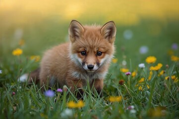 Obraz premium Small crimson fox cub bathed in sunset glow