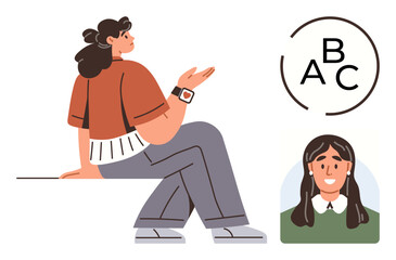 Woman sitting casually gesturing thoughtfully, profile portrait detail, and ABC text circle. Ideal for communication, education, creativity, learning, teamwork dialogue connection. Modern flat