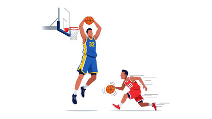 Dynamic basketball scene: An illustration captures the essence of a fast-paced basketball game, with a player soaring for a slam dunk while another attempts to maneuver around his opponent.