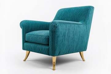 Fototapeta premium Classic turquoise quilted armchair with elegant brass legs isolated on white background with clipping path