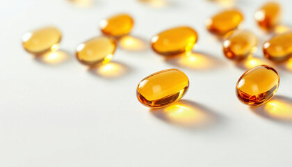 Close-up of omega-3 supplement capsules on a bright white background, glossy and vibrant.
