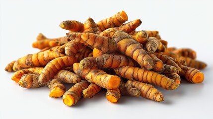 Fresh turmeric roots piled together, showcasing their vibrant orange color and unique texture against a white background.