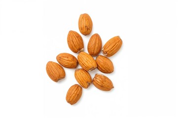 Single almond nuts with oil on a white background. Top view. Flat lay.