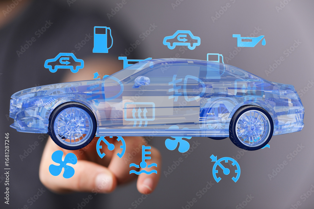 Poster modern car diagnostics. interactive 3d model showing key vehicle indicators and data.