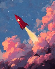 Retro Red Rocket Launching Through Pink Clouds into Starry Sky Artistic Illustration Painting