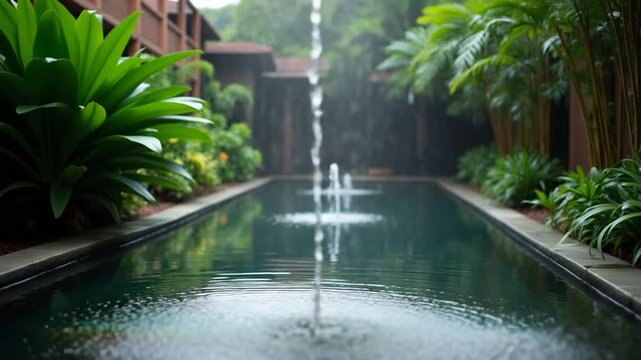 Tropical rain on the pond in courtyard of the hotel, Phuket Thailand, slow motion