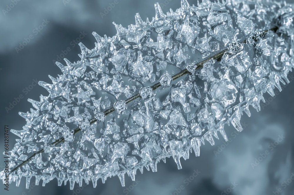 Poster delicate frost creates sharp, detailed ice formations on a leaf, showcasing the fragile charm of the