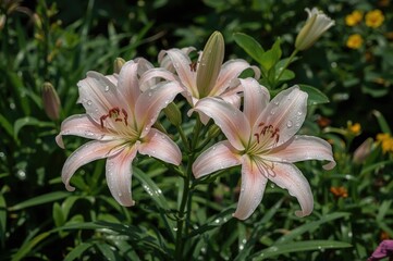 Fresh pink lilies in a vibrant green garden setting during summer