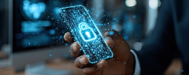 A hand holds a phone with a glowing, digital lock overlay, surrounded by abstract data
