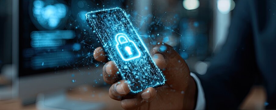 A hand holds a phone with a glowing, digital lock overlay, surrounded by abstract data