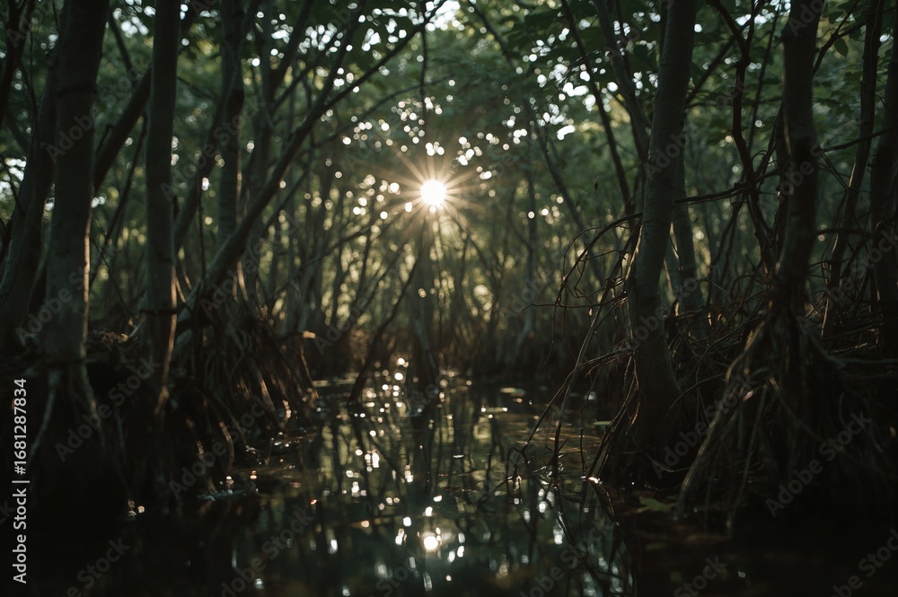 Poster scary setting of sunlight piercing through a dense, shadowy mangrove forest with numerous blurred tr
