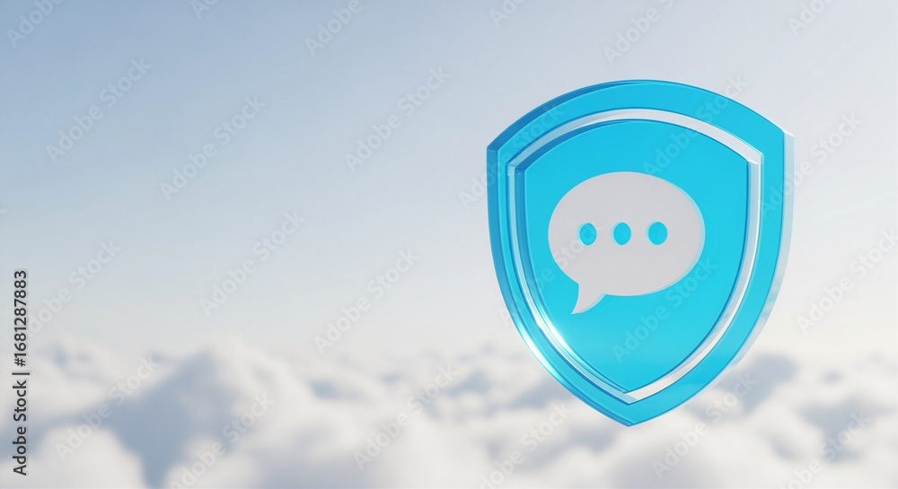 Poster secure communication shield icon floating in the sky with clouds