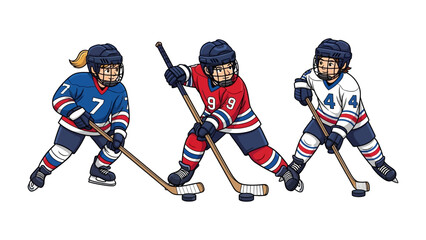 Obraz premium Hockey Trio in Action: Capturing a vibrant trio of hockey players in dynamic poses, blades gliding, sticks poised. They bring energy and passion of the sport alive.