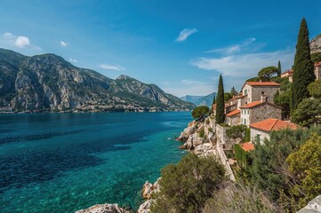 Naklejka premium Scenic coastal panorama with sea, mountains, and summer sky