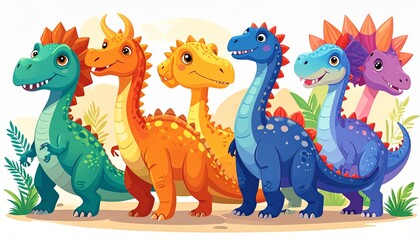 Fototapeta premium Collection of cute dinosaurs. Hand drawn cartoon brontosaurus, tyrannosaurus,
