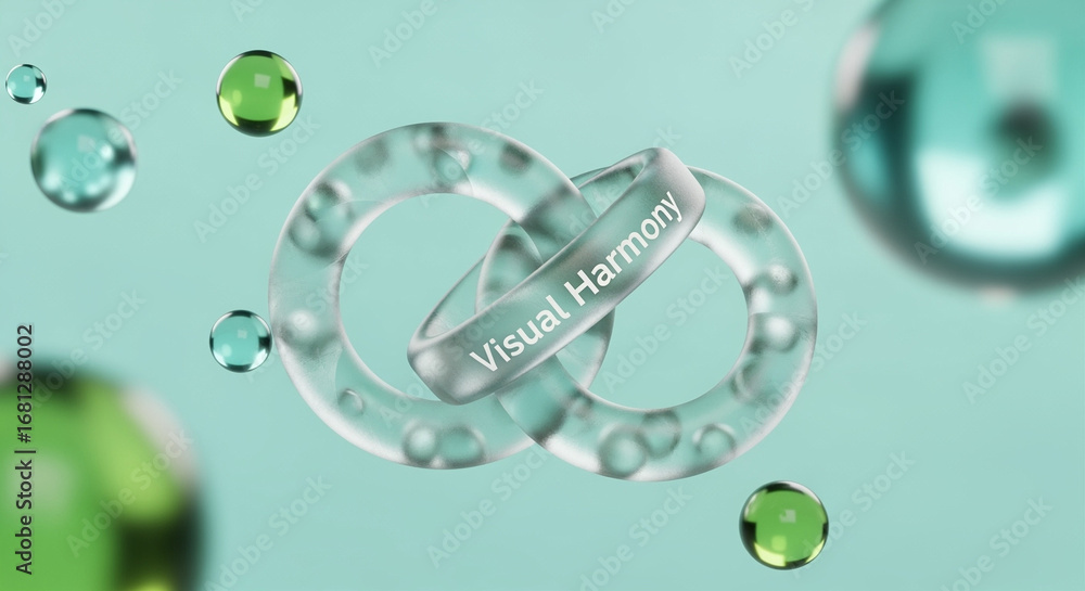 Poster interlocking rings with 'visual harmony' text and floating spheres