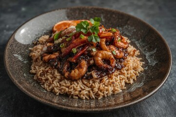 Fototapeta premium Stir-fried rice with squid and black ink sauce