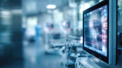 Obraz premium High-tech medical monitor displaying vital signs in a futuristic hospital environment.