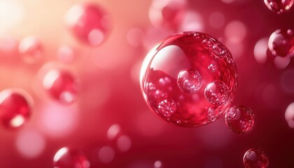Luxury Serum Infused With Collagen Molecules, Moisturizing Gel Cream For Healthy And Beautiful Skin. Fizzy Red Bubble Abstract Design.