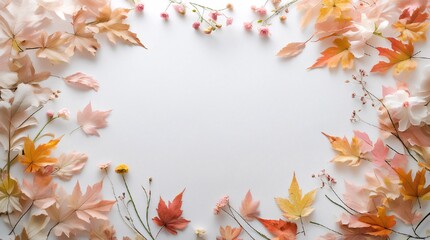 Decorative autumn background with copy space with leaves and flowers in pastel colors. 