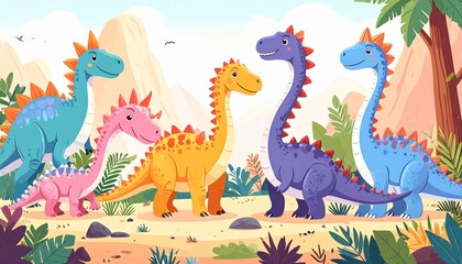 Collection of cute dinosaurs. Hand drawn cartoon brontosaurus, tyrannosaurus,