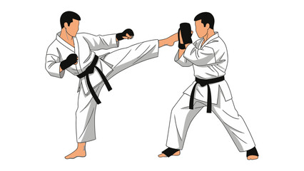 Dynamic Martial Arts: Two karate practitioners engage in a focused training session, the fluid motion and power of their art form showcased in a crisp, modern illustration. 