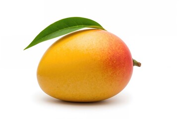 Single mango with leaves on a white backdrop, detailed focus, isolated fruit image