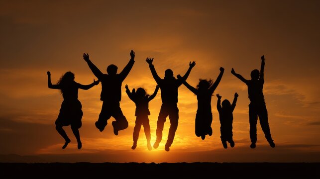 Joyful celebration of life with silhouettes of happy people jumping against a vibrant sunset backdrop. - Powered by Adobe