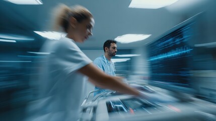 Medical professionals focusing on advanced technology in a healthcare setting, emphasizing teamwork and precision.