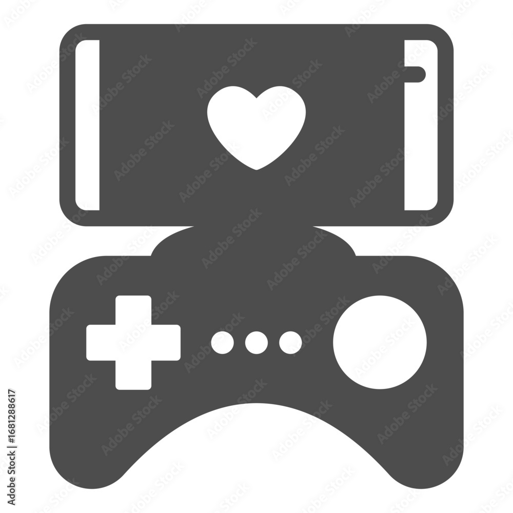 Poster Game joystick and smartphone with heart solid icon, smart device concept, mobile phone and gamepad sign on white background, glyph style icon for mobile and web design. Vector graphics.