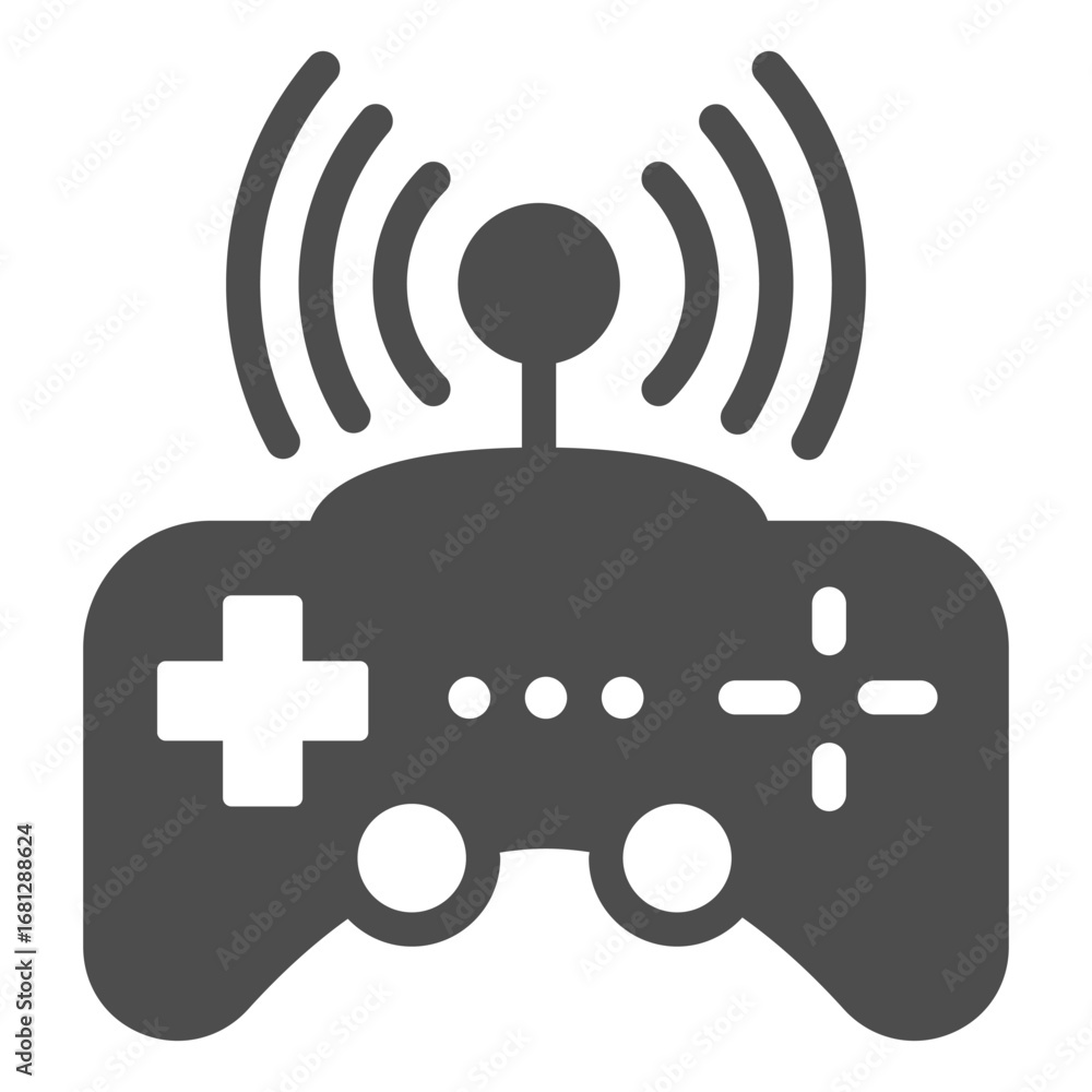 Poster wireless signal and joystick with antenna solid icon, smart game device concept, gamepad controller 