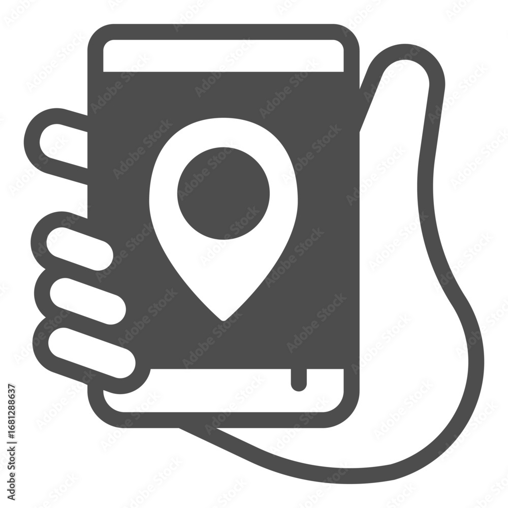 Poster smartphone with location map pin in hand solid icon, smart device concept, phone with gps navigation