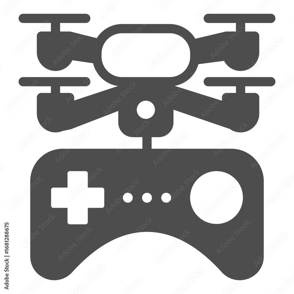 Poster drone copter with control joystick solid icon, portable electronics concept, quadcopter and gamepad 