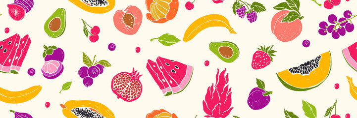 Fruit seamless pattern, hand drawn summer background, cartoon colorful organic repeat print design. Exotic nature fresh sweet food banner tropical trendy decor graphic. Vegetarian vector fruit pattern