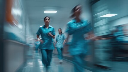 Medical staff urgently responding in a hospital corridor, showcasing commitment to patient care and healthcare urgency.