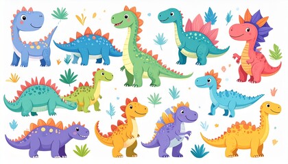 Collection of cute dinosaurs. Hand drawn cartoon brontosaurus, tyrannosaurus,