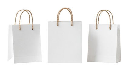 Three blank white paper shopping bags with light beige handles