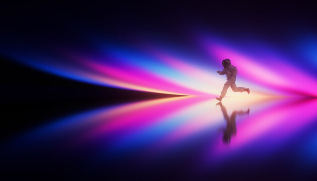 3D astronaut running with colorful neon lights