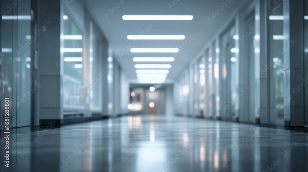 Poster modern corridor with bright lighting and sleek design, creating a clean and spacious atmosphere.
