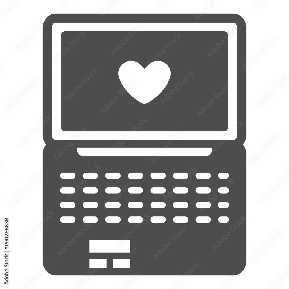 Poster laptop with heart shape on screen solid icon, office equipment concept, open notebook computer sign 