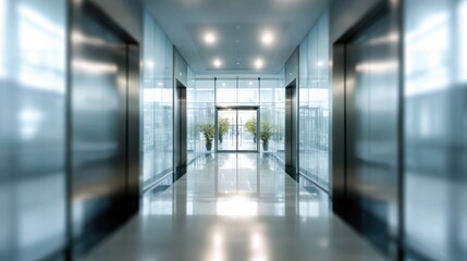 Fototapeta premium Modern corridor with glass walls and elevator doors leading to a bright entrance adorned with plants.