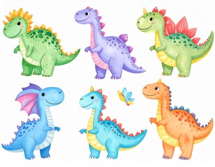 Naklejka premium Collection of cute dinosaurs. Hand drawn cartoon brontosaurus, tyrannosaurus,