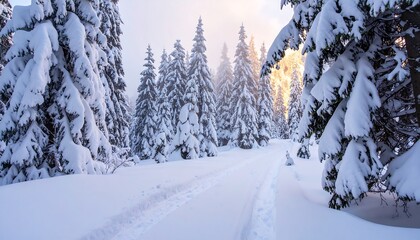 Snowy forest path at sunrise (2)