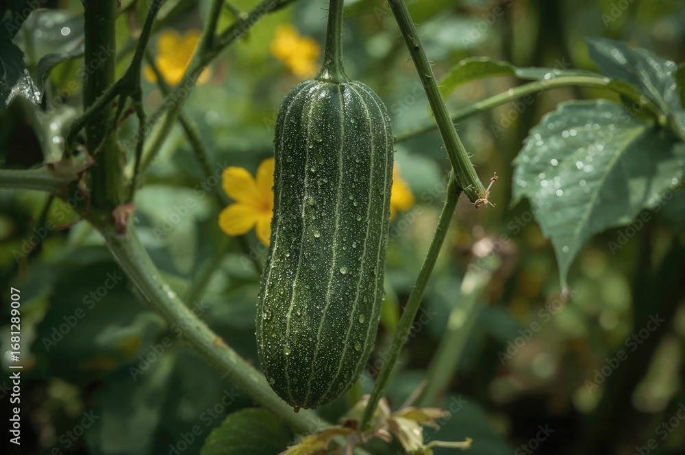 Poster close-up of a cucumber dangling from its stem