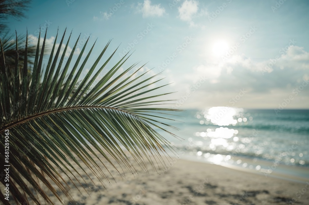 Aufkleber blurred green palm leaf with bokeh sunlight and wave patterns on a tropical shore, abstract backgrou