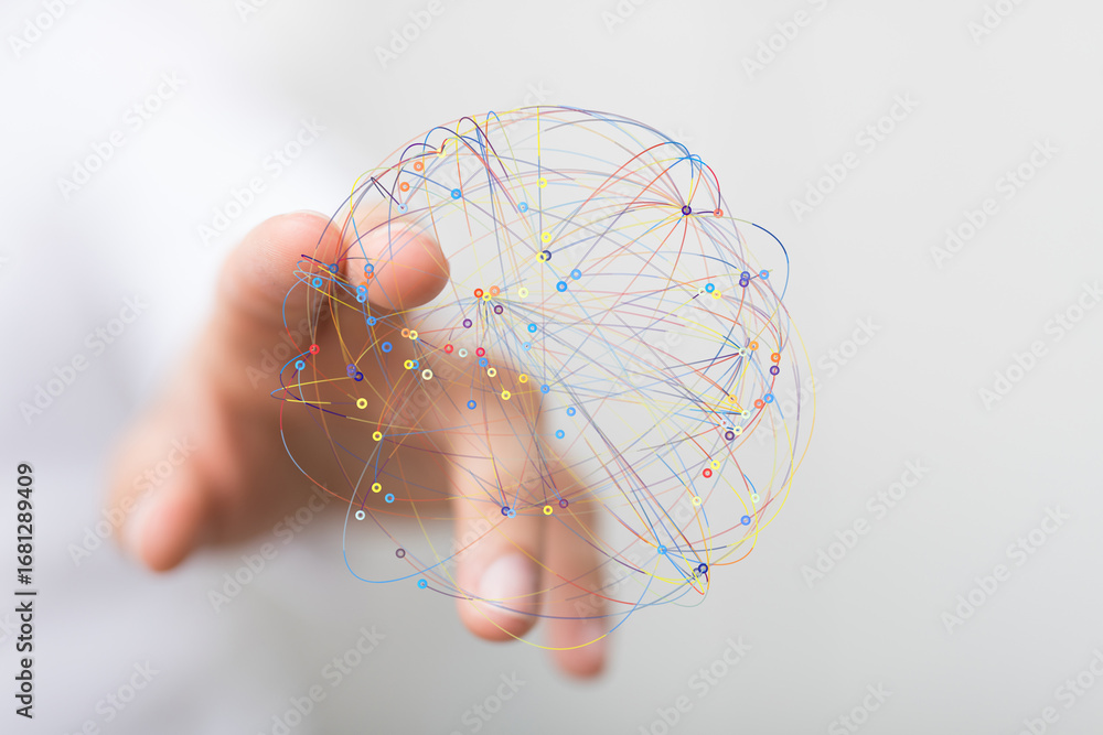 Poster hand interacting with a digital network sphere. visualizing global connections and data flow.