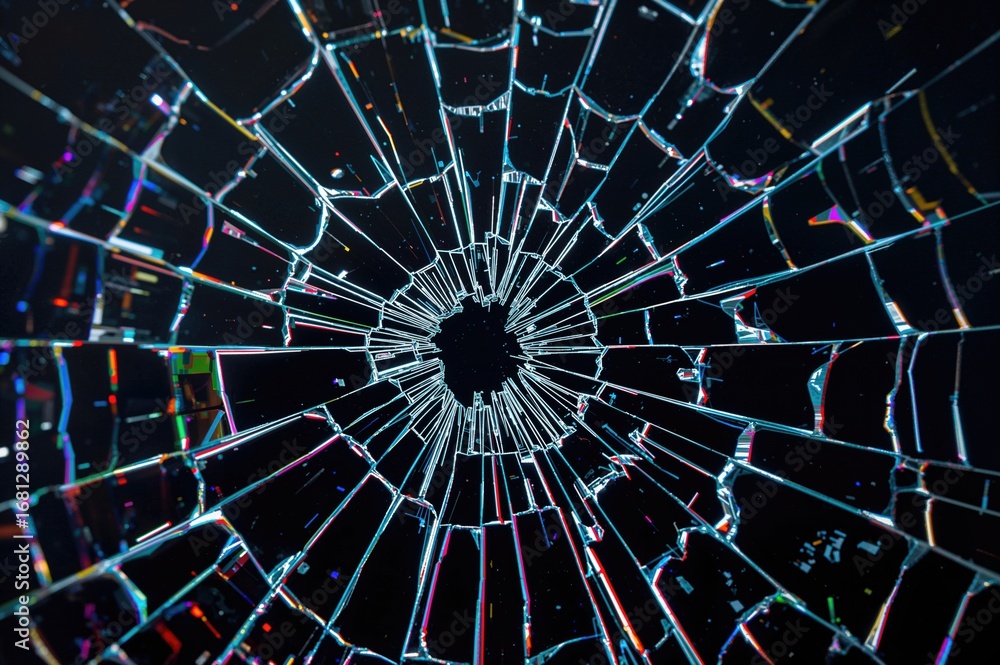 Poster close-up of a shattered led display panel with visible color bands and pixel damage