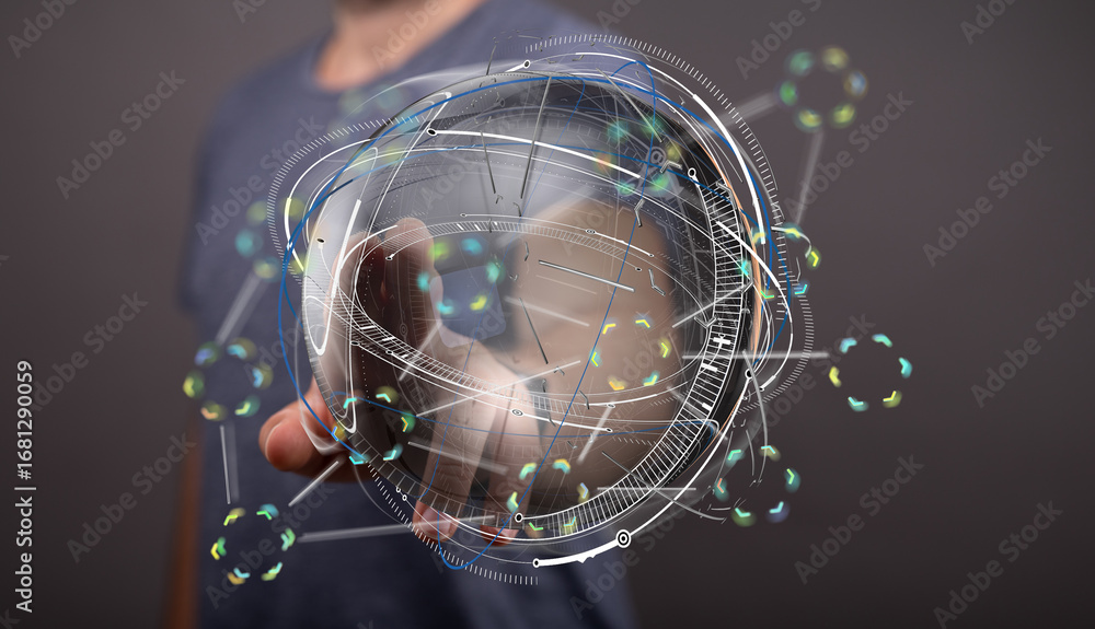 Poster abstract image of a person interacting with a digital global network, representing connection and te