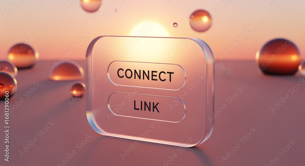 Poster transparent button with connect and link options on a blurred background with spheres