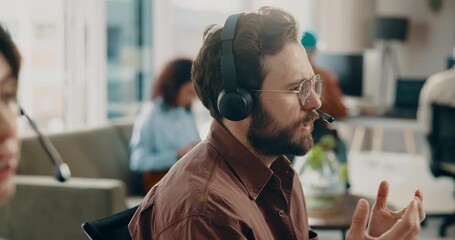 Man, team and talking on headset in call center for customer support, contact us and inbound query. Coworking, agent and consulting with microphone for account management, online assistance and help